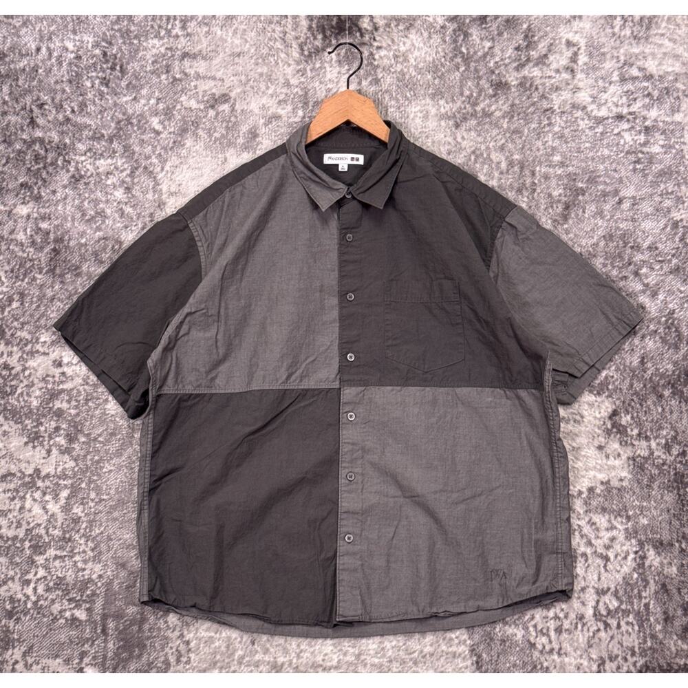 JW Anderson x Uniqlo Shirt XL Mens Gray Color Block Relaxed Fit Short Sleeve